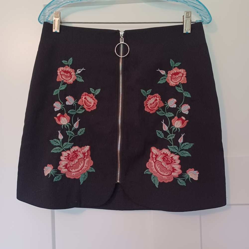 Blu Pepper Black Skirt with Red Floral Embroidery